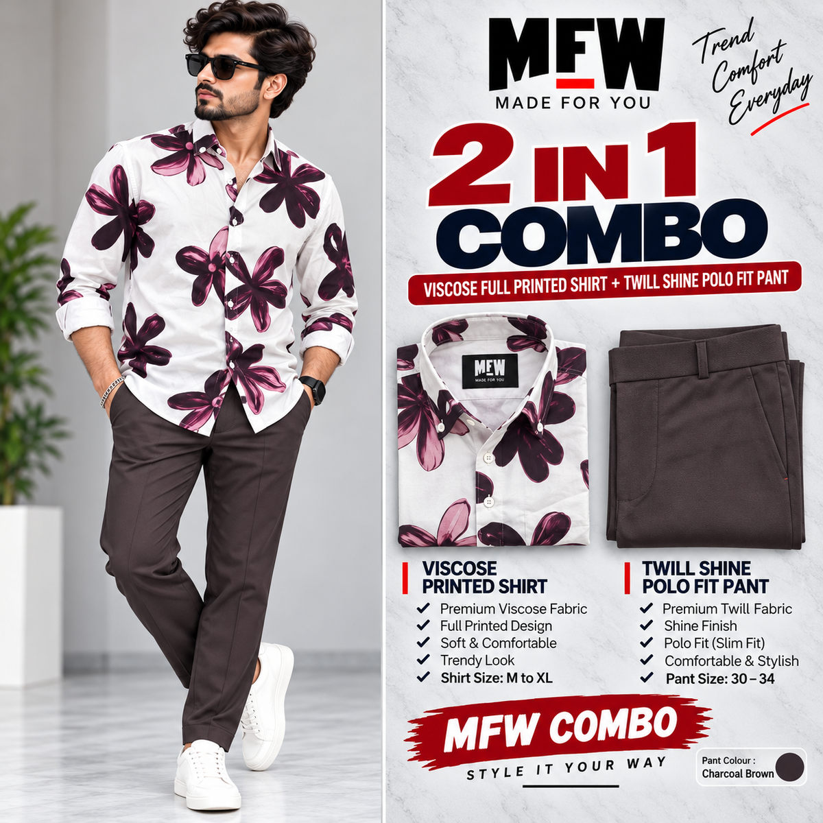 2 in 1 Combo viscose printed shirts + Twill polo fit pant buy @600 rs only