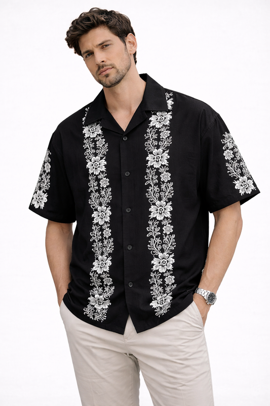 Cuban Collar Oversize Drop Shoulder Polo Designer printed Shirts buy @249 (Black)