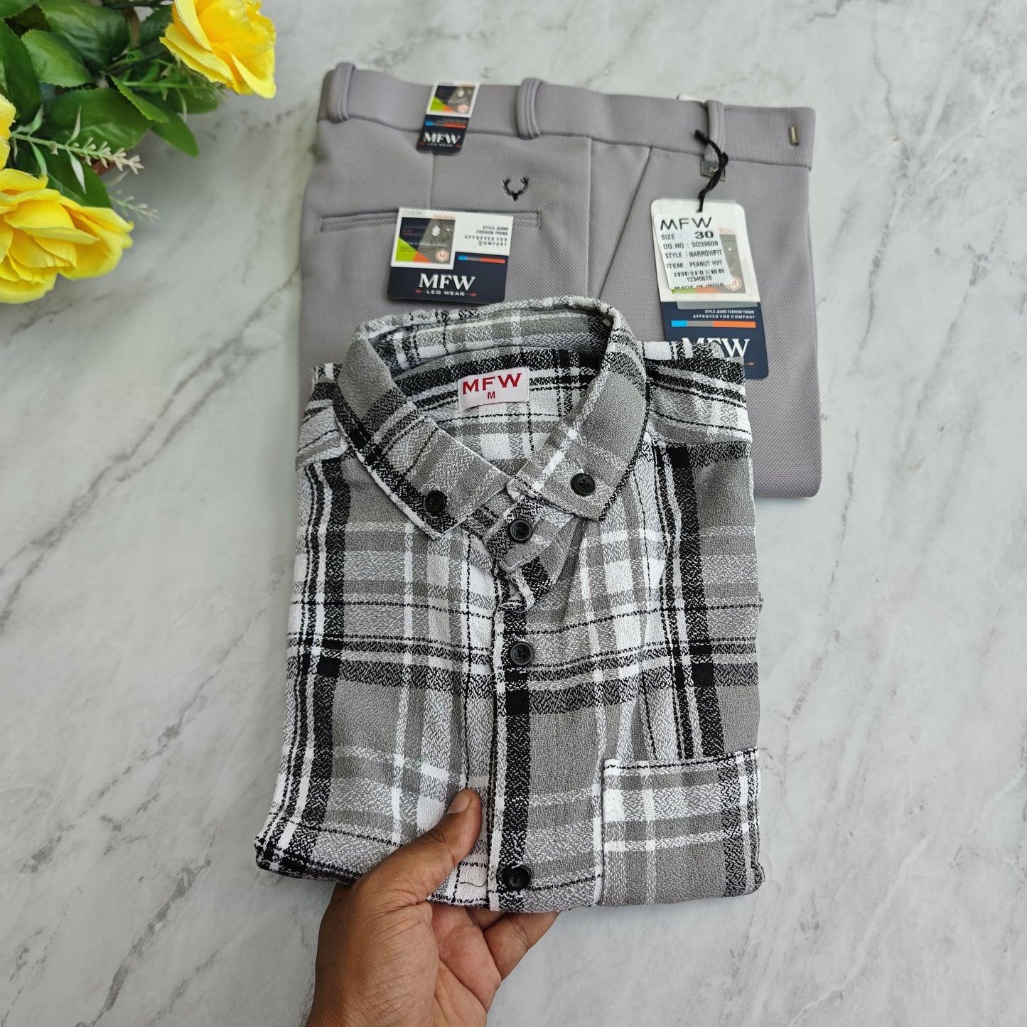 2 in 1 combo mfw flannel shirts + penut fabric polo fit pant combo buy @600 rs
