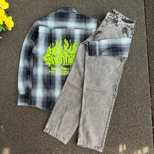 2 in 1 combo Double pocket back print baggy shirts + mom fit jeans buy @600