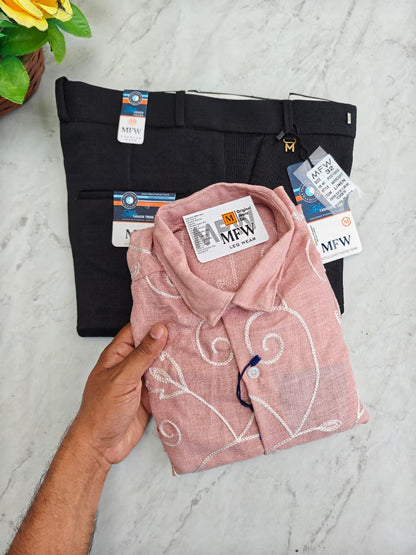 2 in 1 combo embroidery work shirts + lenin polo fit pants buy @600 rs only[ pant color Black ]