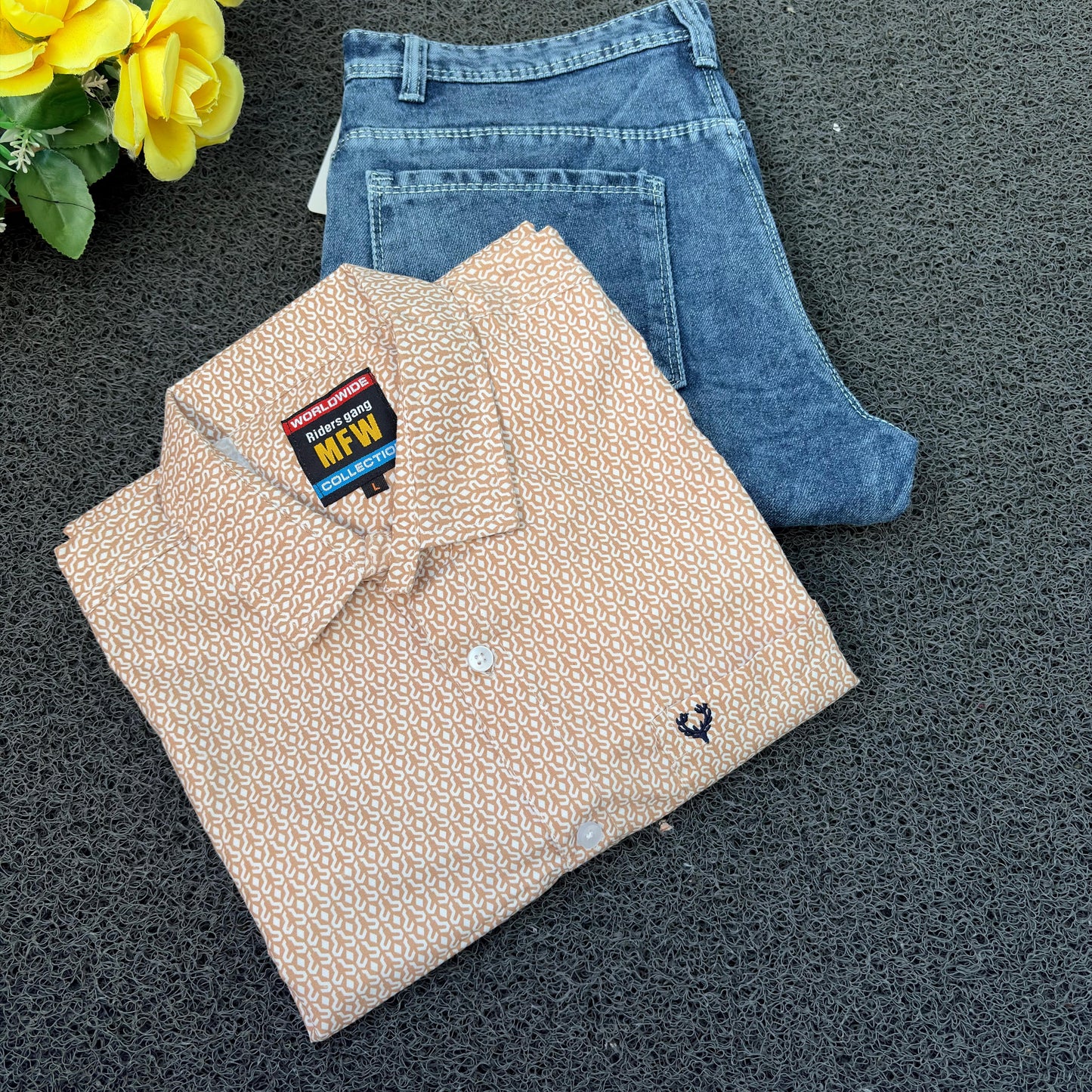 MFW Printed Shirts & Mom Fit Jeans random colours Combo – ₹449 Only("Pick your shirt color, pant’s a surprise!")