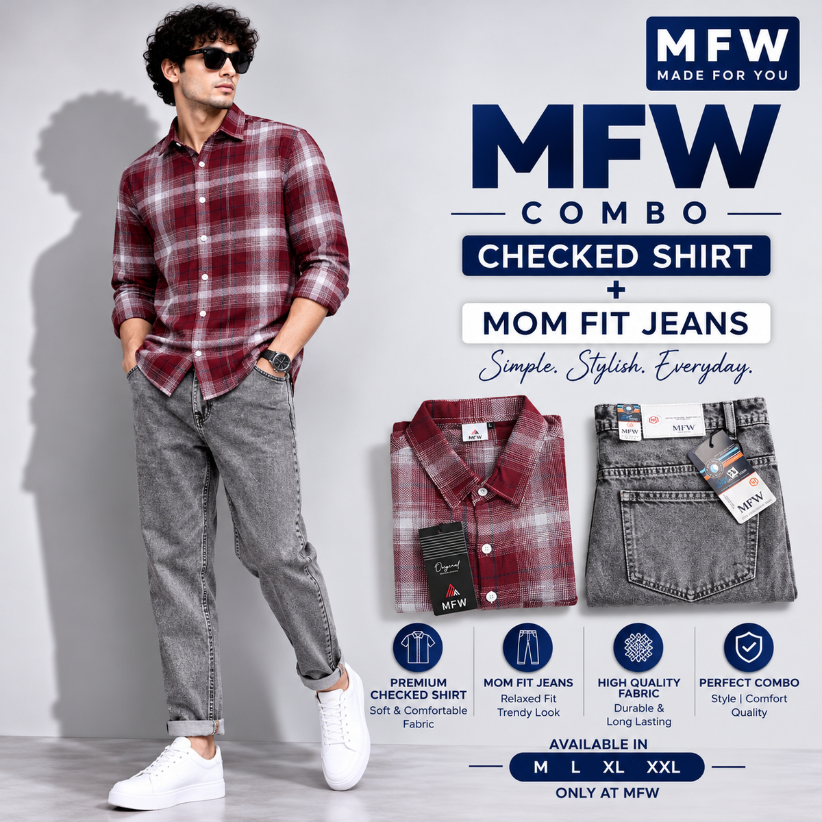 2 in 1 combo MFW checked shirts + mom fit jeans pant buy @600 rs only