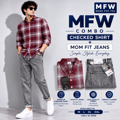 2 in 1 combo MFW checked shirts + mom fit jeans pant buy @600 rs only