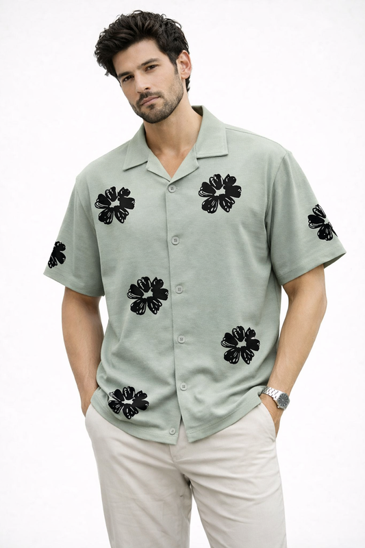 Cuban Collar Oversize Drop Shoulder Polo Designer Shirts buy @249(Green)