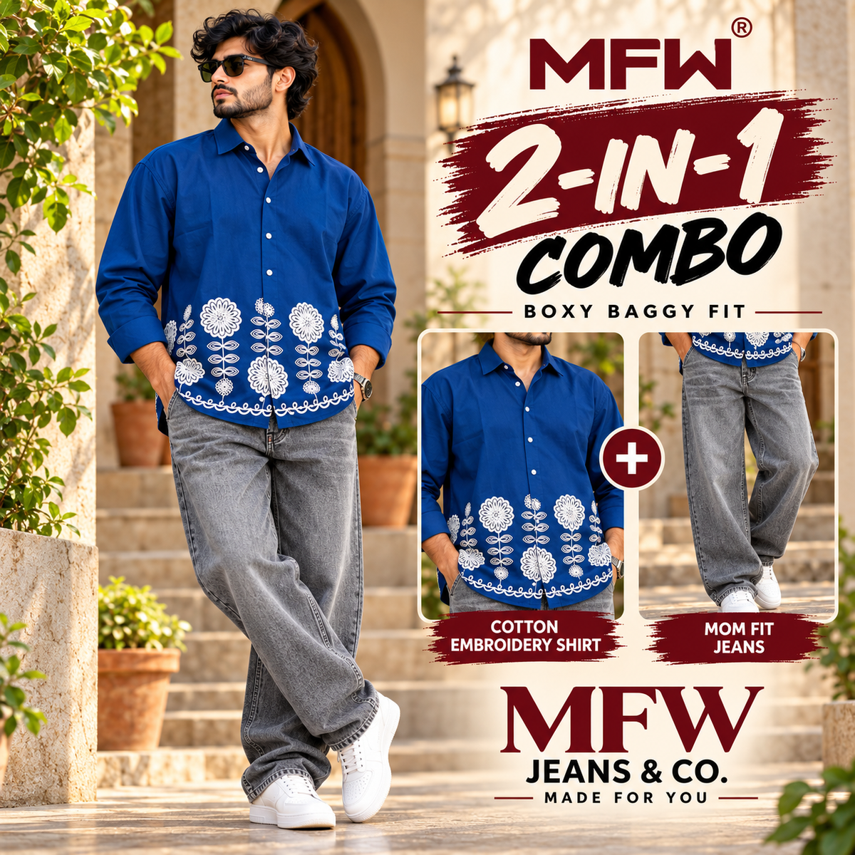 2 in 1 combo MFW border embroidery shirts + mom fit jeans pant buy @600 rs only