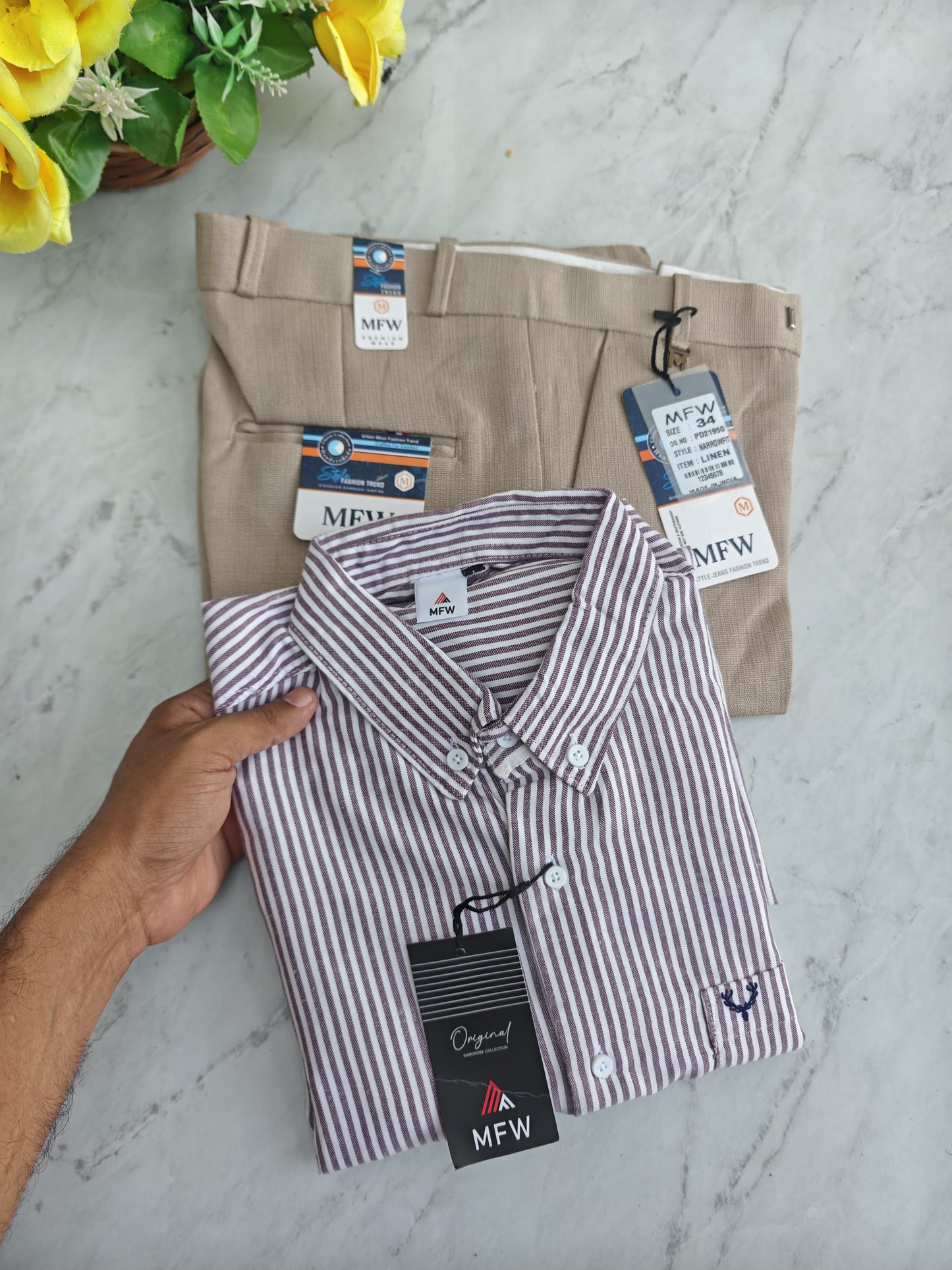 2 in 1 combo MFW Boxy fit Oxford stripes shirts + Lenin polo fit pant combo buy @600 rs only