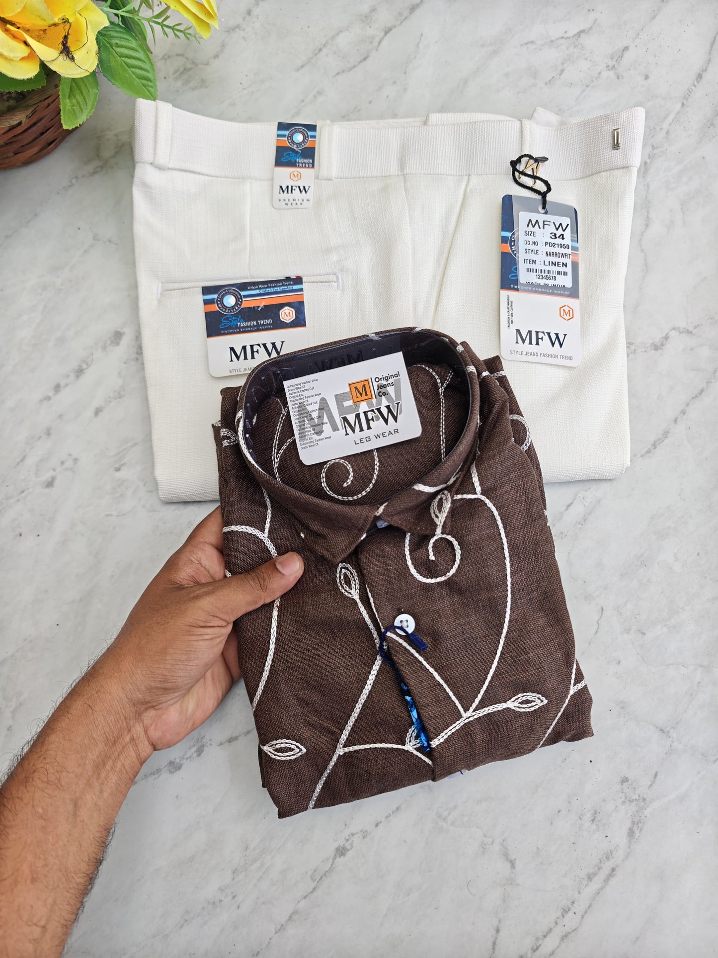 2 in 1 combo embroidery work shirts + lenin polo fit pants buy @600 rs only[ pant color White ]