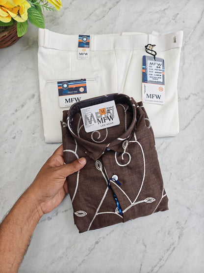 2 in 1 combo embroidery work shirts + lenin polo fit pants buy @600 rs only[ pant color White ]