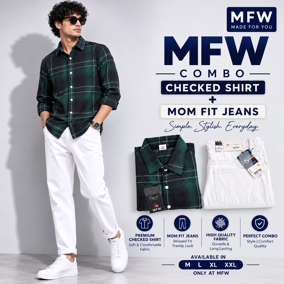 2 in 1 combo MFW checked shirts + mom fit jeans pant buy @600 rs only
