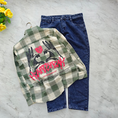 2 in 1 combo double pocket back printed shirts + plain mom fit jeans pant combo buy 550 rs only