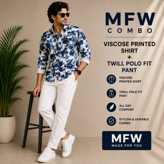 2 in 1 combo MFW viscose printed shirts + Twill fabric polo fit pant buy @600 rs only