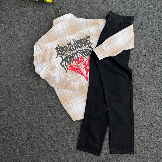 2 in 1 combo Dobby double pocket back print shirts + Mom fit jeans pant combo buy @600