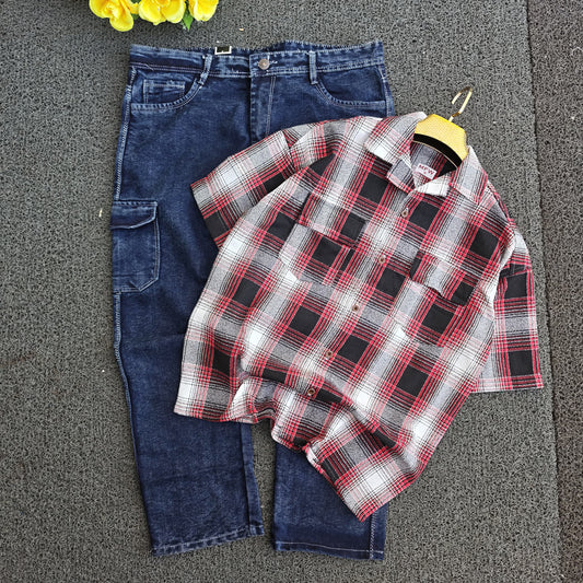 2 in 1 combo MFW double pocket Cuban collar back print shirts + 6 mom fit jeans buy @550 rs only