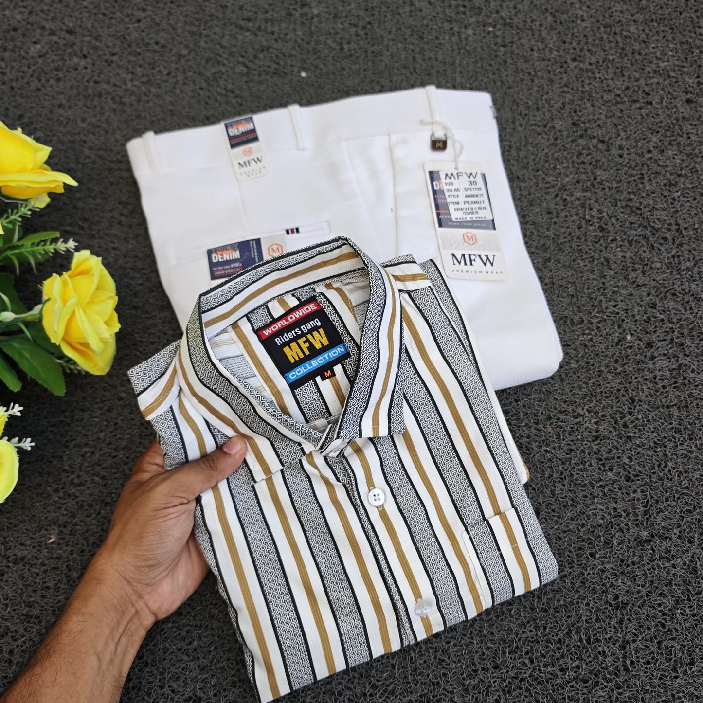2 in 1 combo stripes shirts + penut fabric polo fit pants combo buy @500 rs only