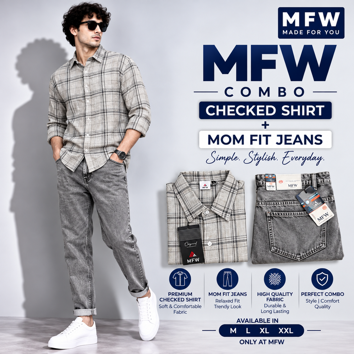 2 in 1 combo MFW checked shirts + mom fit jeans pant buy @600 rs only