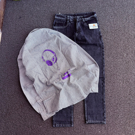 2 in 1 combo back print shirts+ plain mom fit jeans combo buy @500 rs only( Pant color blue shade)