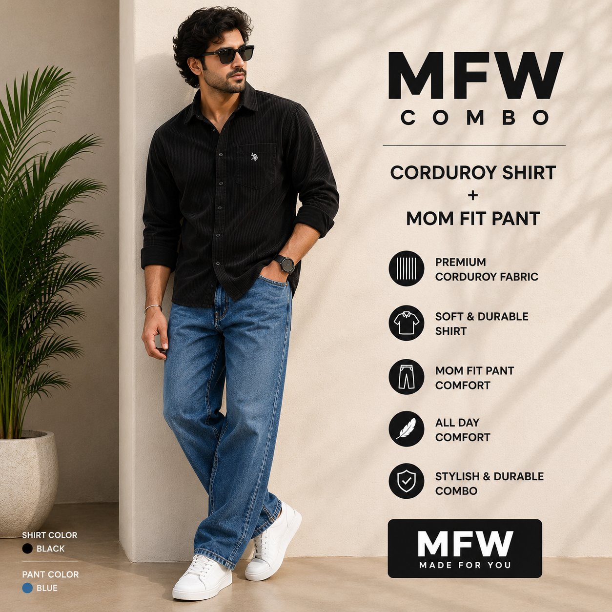 2 in 1 combo codroudy shirts + mom for pant buy @600 rs only[Mid blue pant color ]