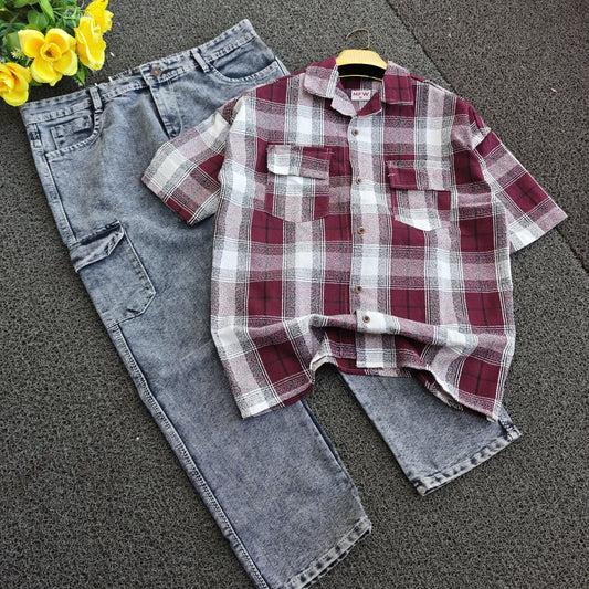 2 in 1 combo MFW double pocket Cuban collar back print shirts + 6 mom fit jeans buy @550 rs only