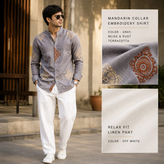 2 in 1 combo mandarin collar embroidery shirts+Lenin relax fit pants combo buy @600 rs only