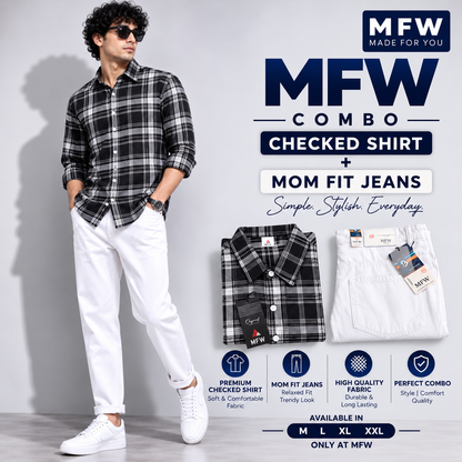 2 in 1 combo MFW checked shirts + mom fit jeans pant buy @600 rs only