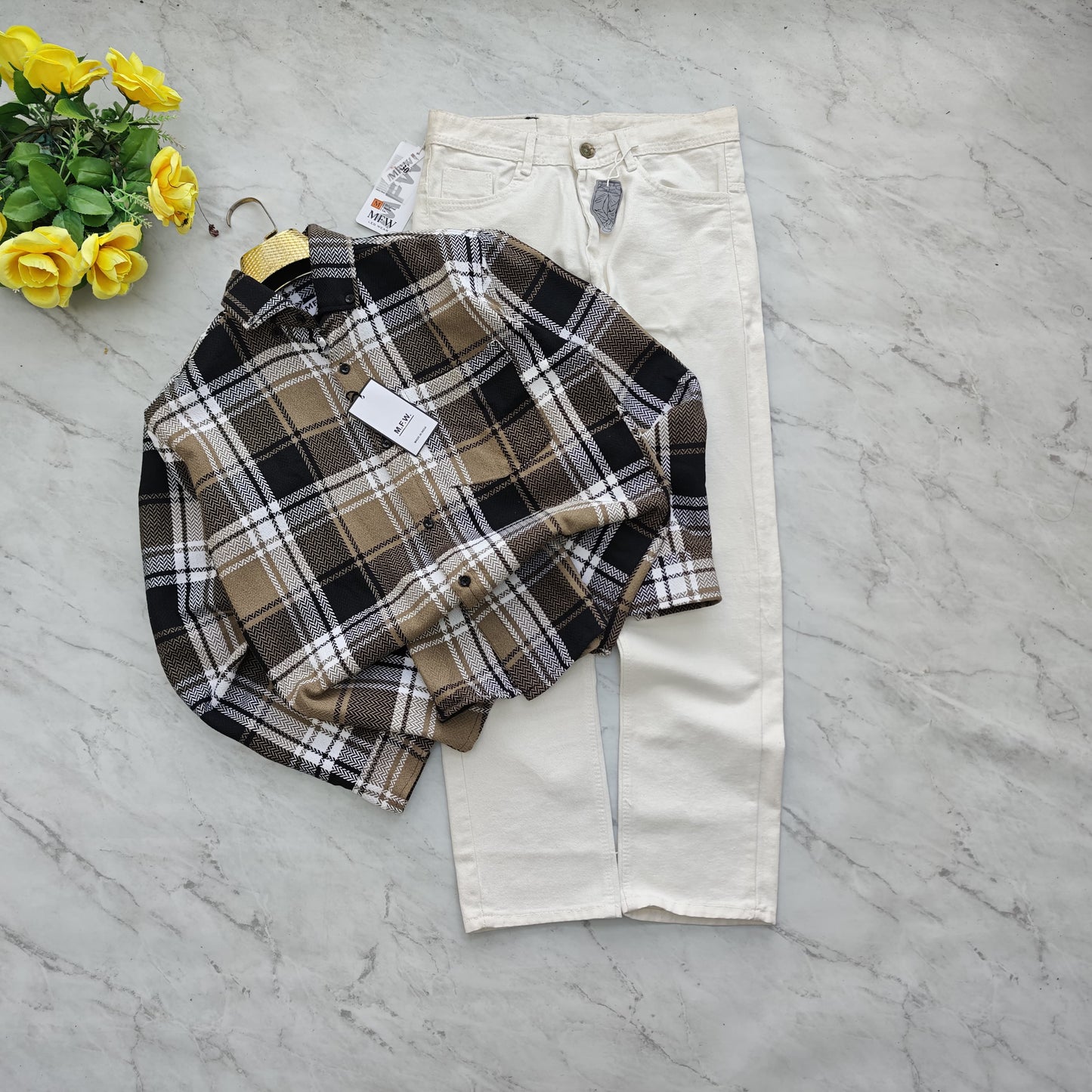 2 in 1 combo MFW Old money korean weaving shirts + plain momfit jeans pant combo buy @600 rs only