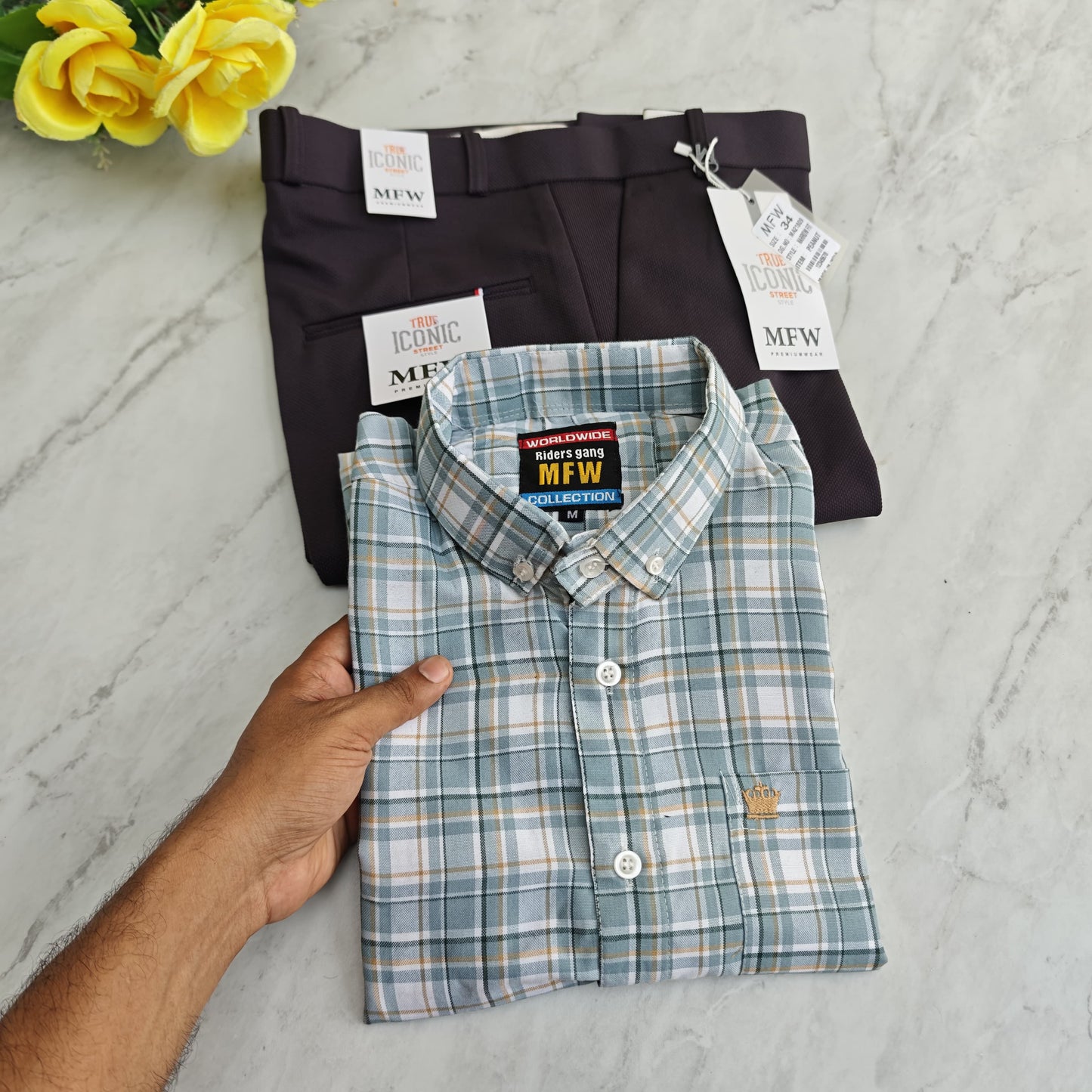 2 in 1 combo oxford checked shirts +penut fabric polo fit pants combo buy @550 rs only