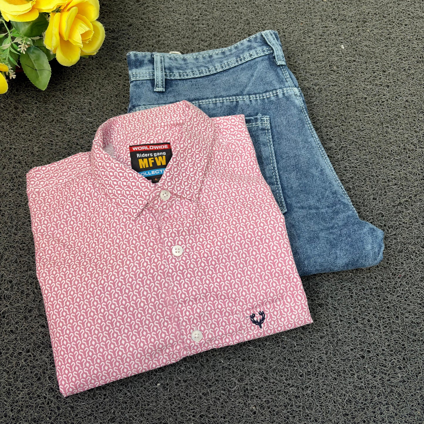 MFW Printed Shirts & Mom Fit Jeans random colours Combo – ₹449 Only("Pick your shirt color, pant’s a surprise!")