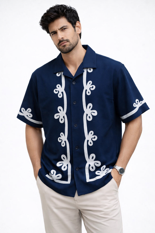 Cuban Collar Oversize Drop Shoulder Polo Designer Shirts buy @249(Navy)