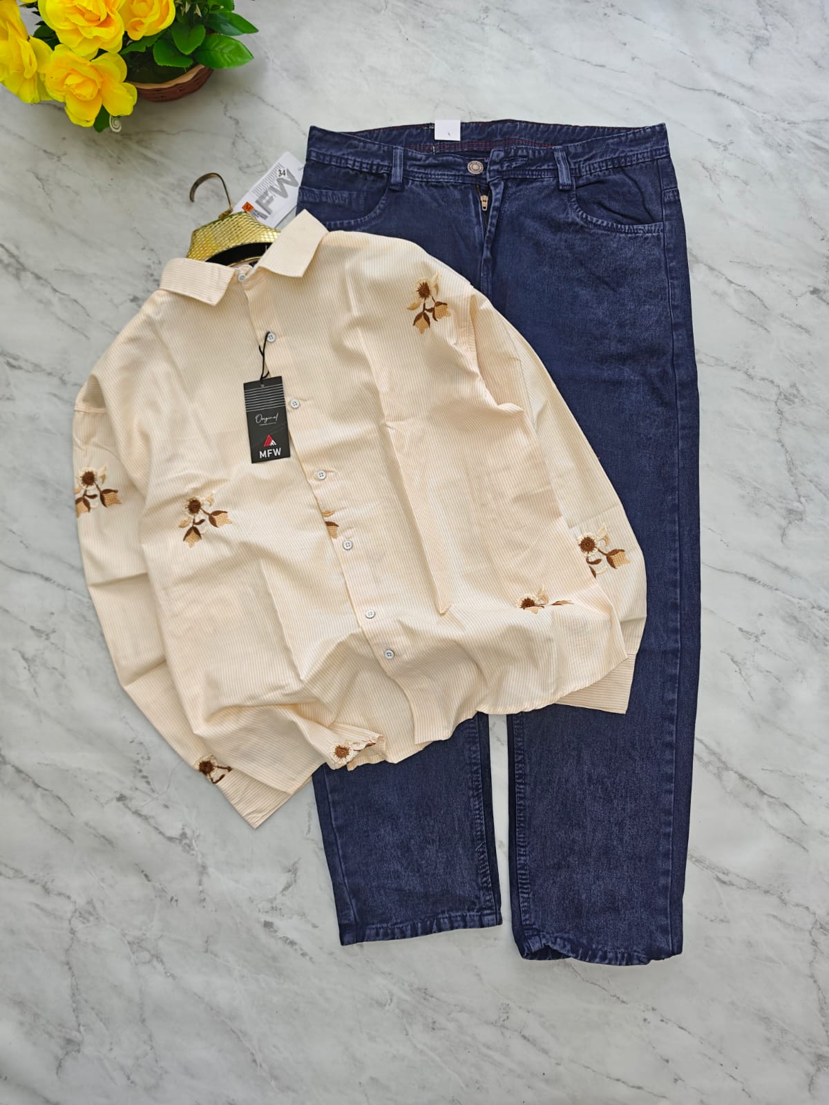 2 in 1 combo Oxford embroidery work shirts + mom fit jeans pant buy @600 rs only