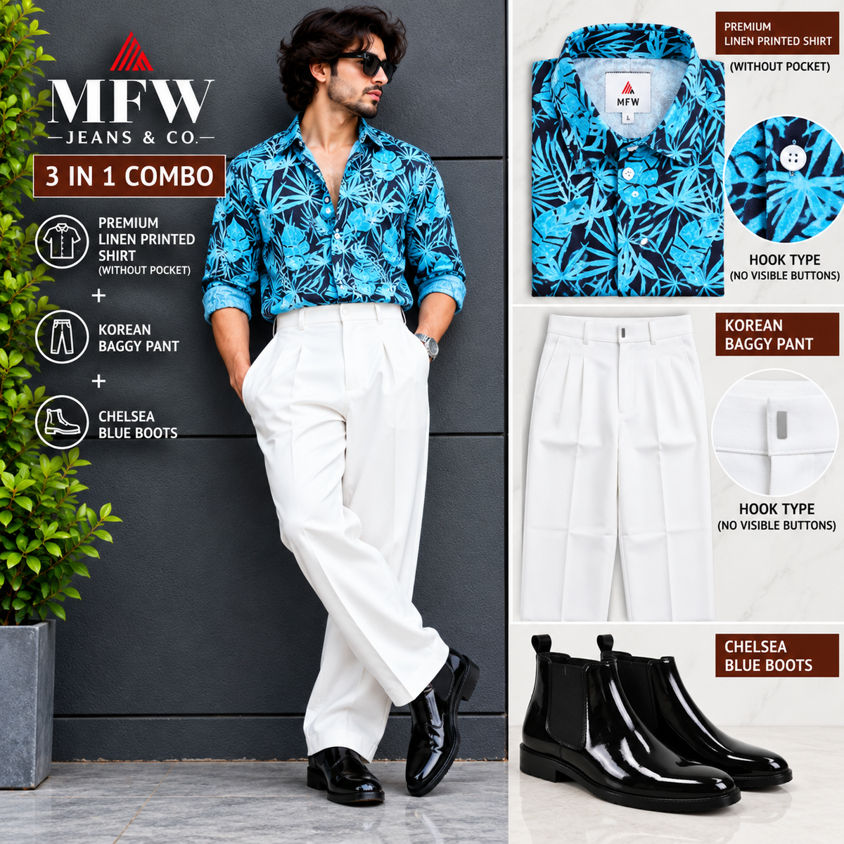 3 in 1 combo MFW Lenin printed shirts + korean baggy pants + boots buy @999 only