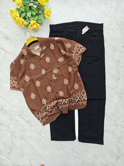 2-in-1 Combo | Cuban Collar Viscose Printed Shirt + Plain Mom Fit Jeans | ₹550 Online