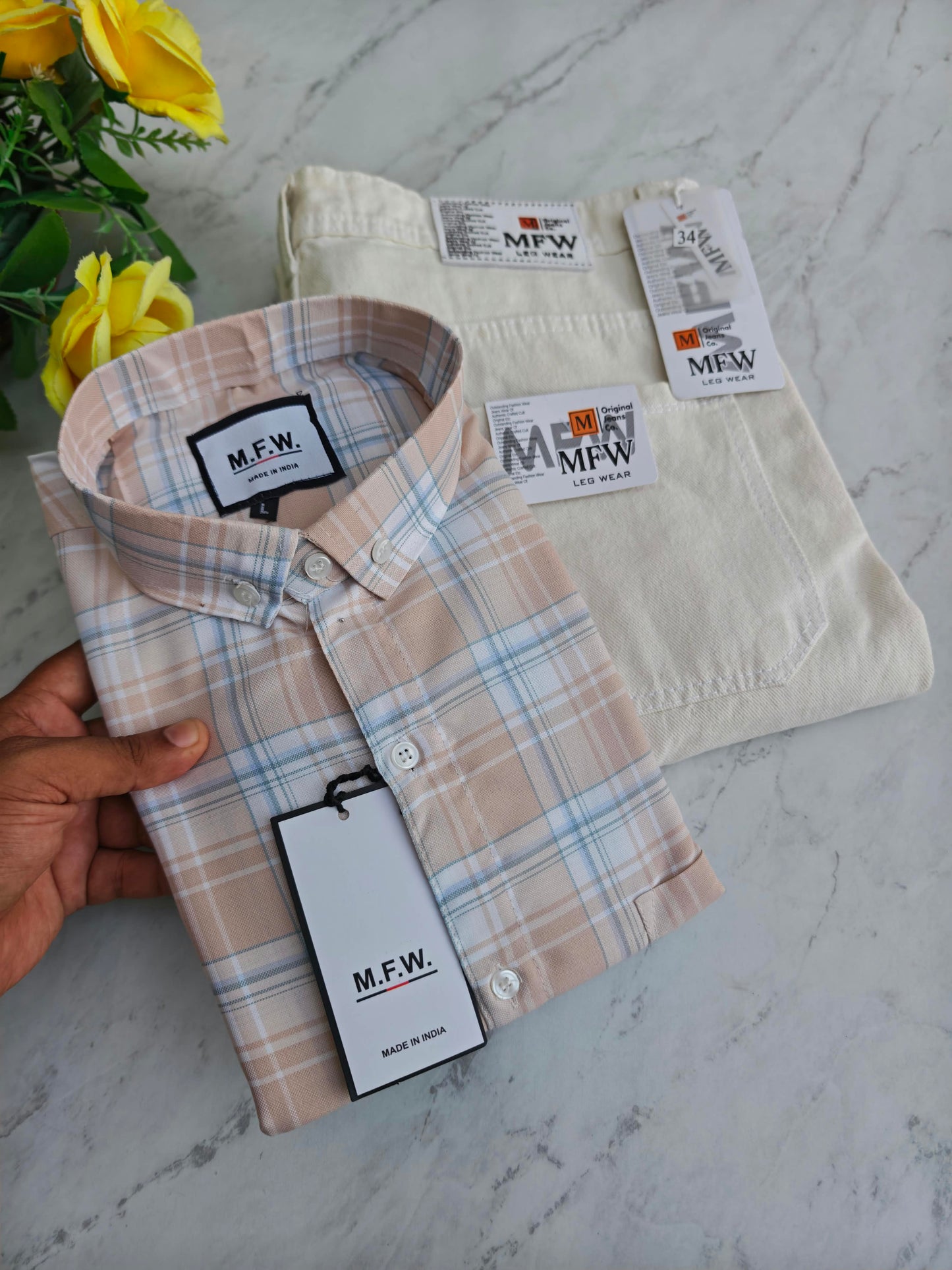 2 in 1 combo MFW checked shirts + plain mom fit jeans pant combo buy@600 rs only