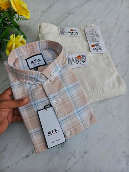 2 in 1 combo MFW checked shirts + plain mom fit jeans pant combo buy@600 rs only