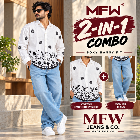 2 in 1 combo MFW border embroidery shirts + mom fit jeans pant buy @600 rs only