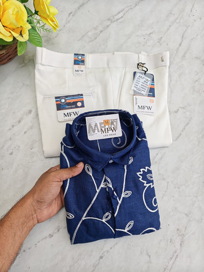 2 in 1 combo embroidery work shirts + lenin polo fit pants buy @600 rs only[ pant color White ]