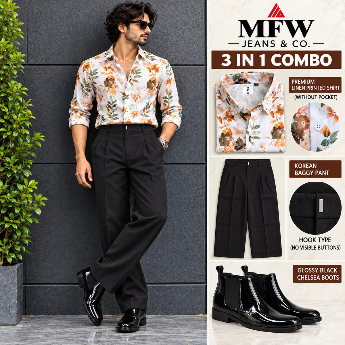 3 in 1 combo MFW Lenin printed shirts + korean baggy pants + boots buy @999 only