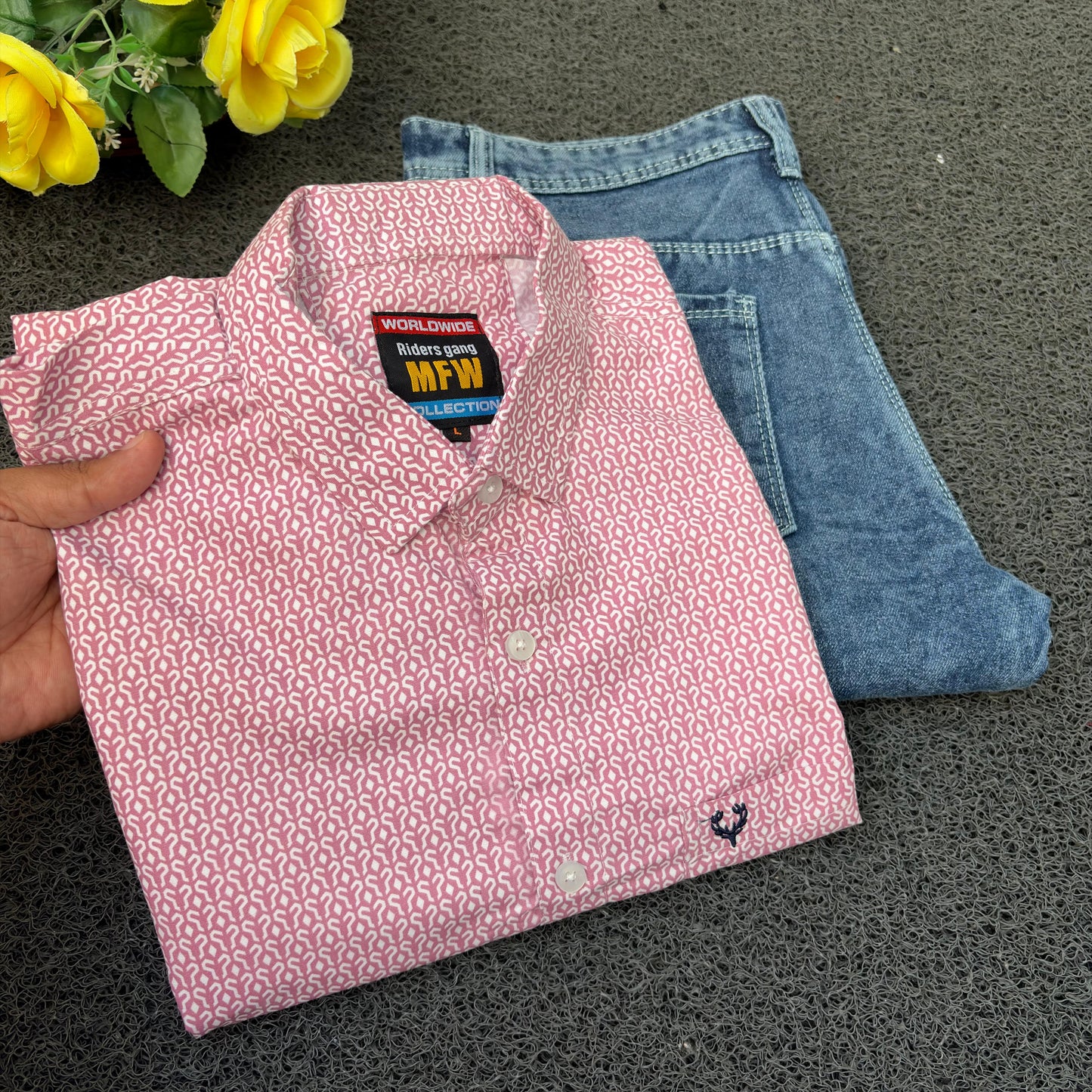 MFW Printed Shirts & Mom Fit Jeans random colours Combo – ₹449 Only("Pick your shirt color, pant’s a surprise!")