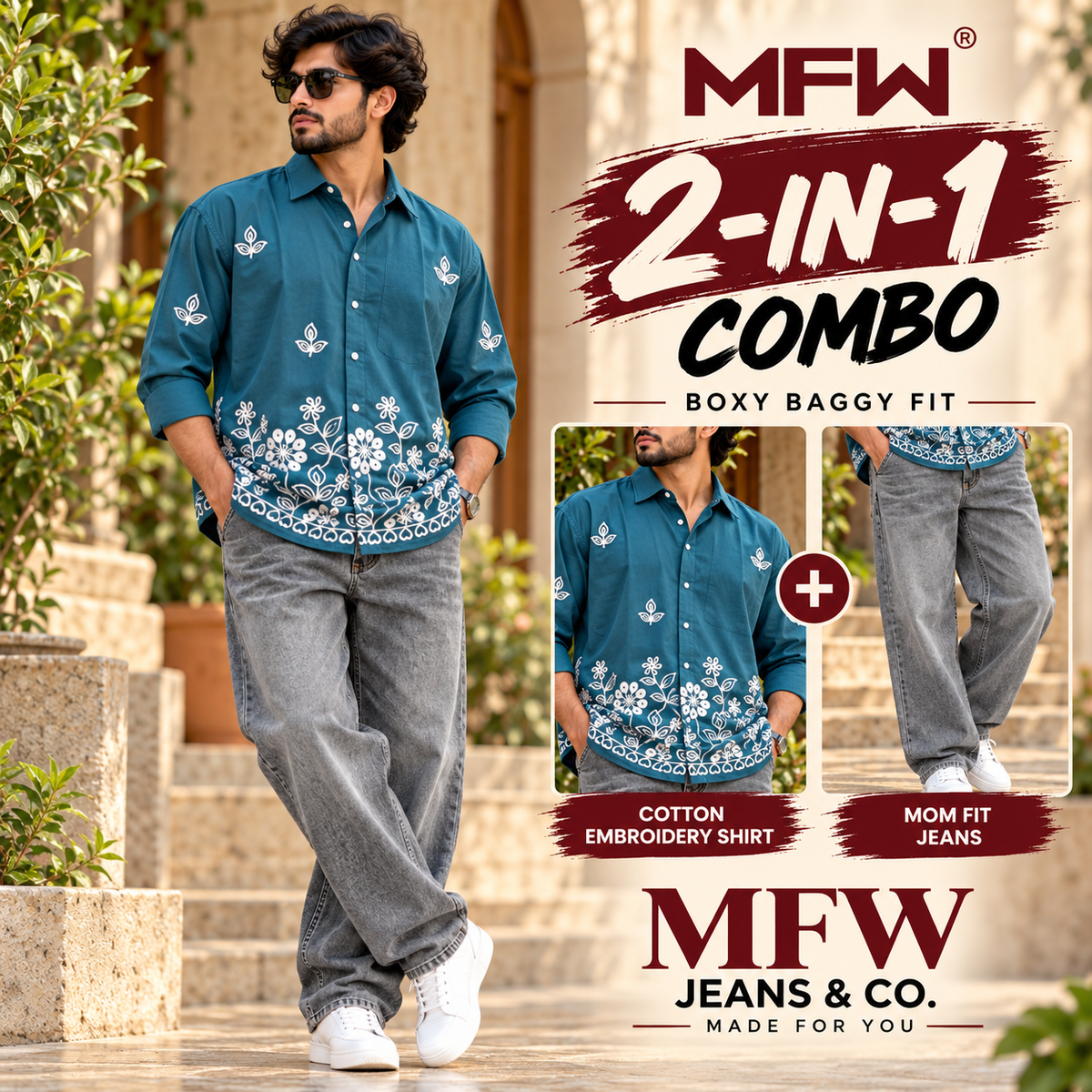 2 in 1 combo MFW border embroidery shirts + mom fit jeans pant buy @600 rs only