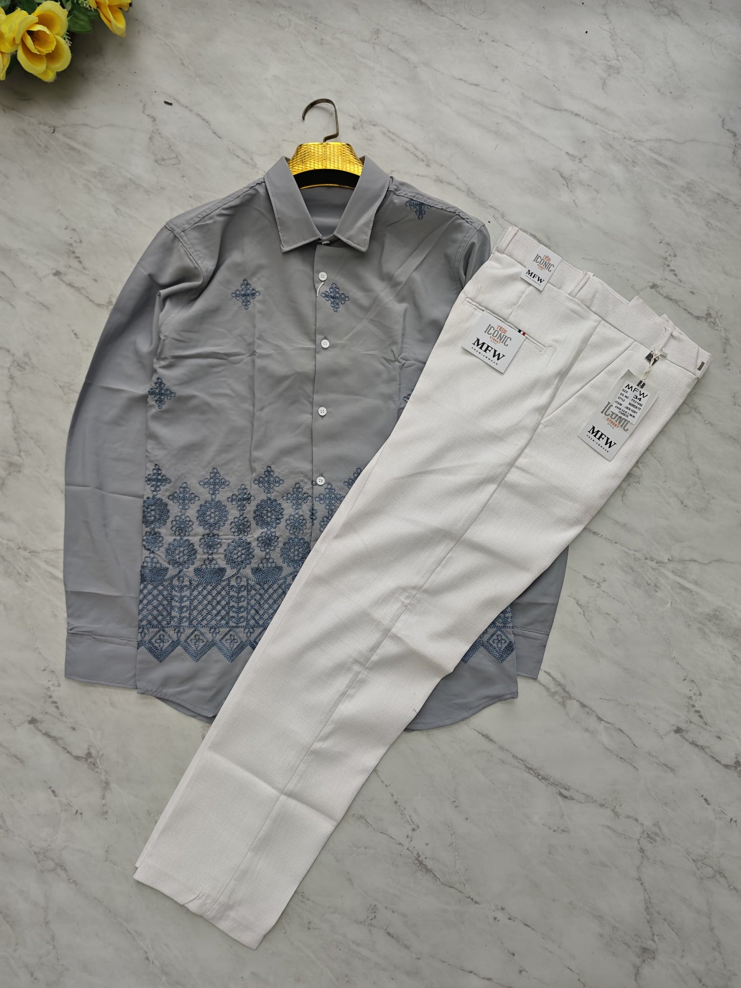 2 in 1 combo MFW Embroidery printed shirts + MFW lenin polo fit pant combo buy @600 rs only