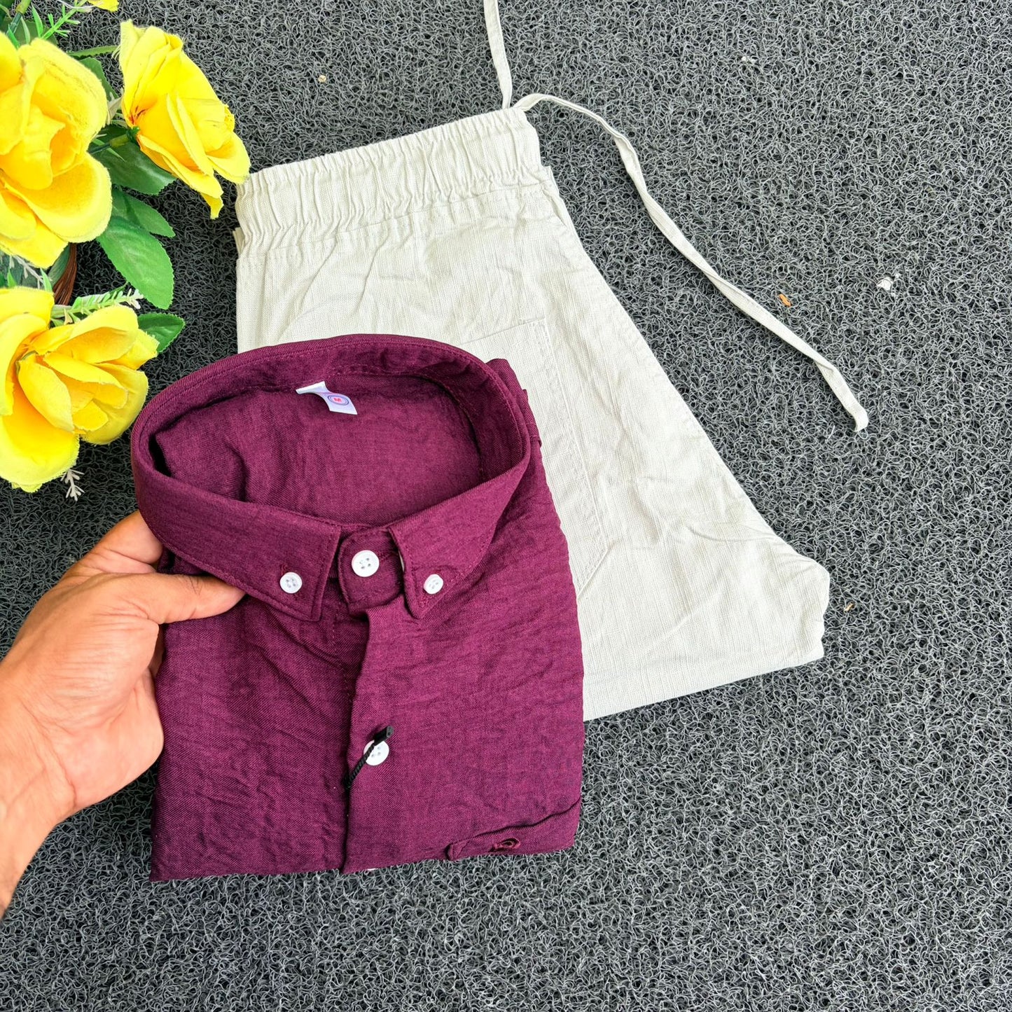 2 in 1 combo Old money lenin shirts + Lenin pants combo buy @600 only(Wine + light beige shade))