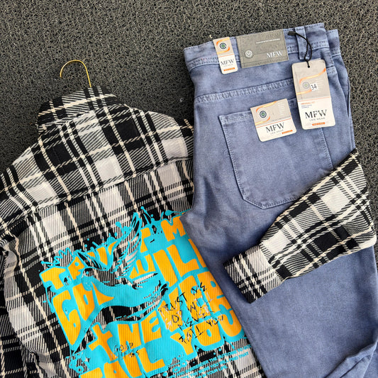 2 in 1 combo double pocket baggy shirts + plain mom fit jeans buy @600 rs only