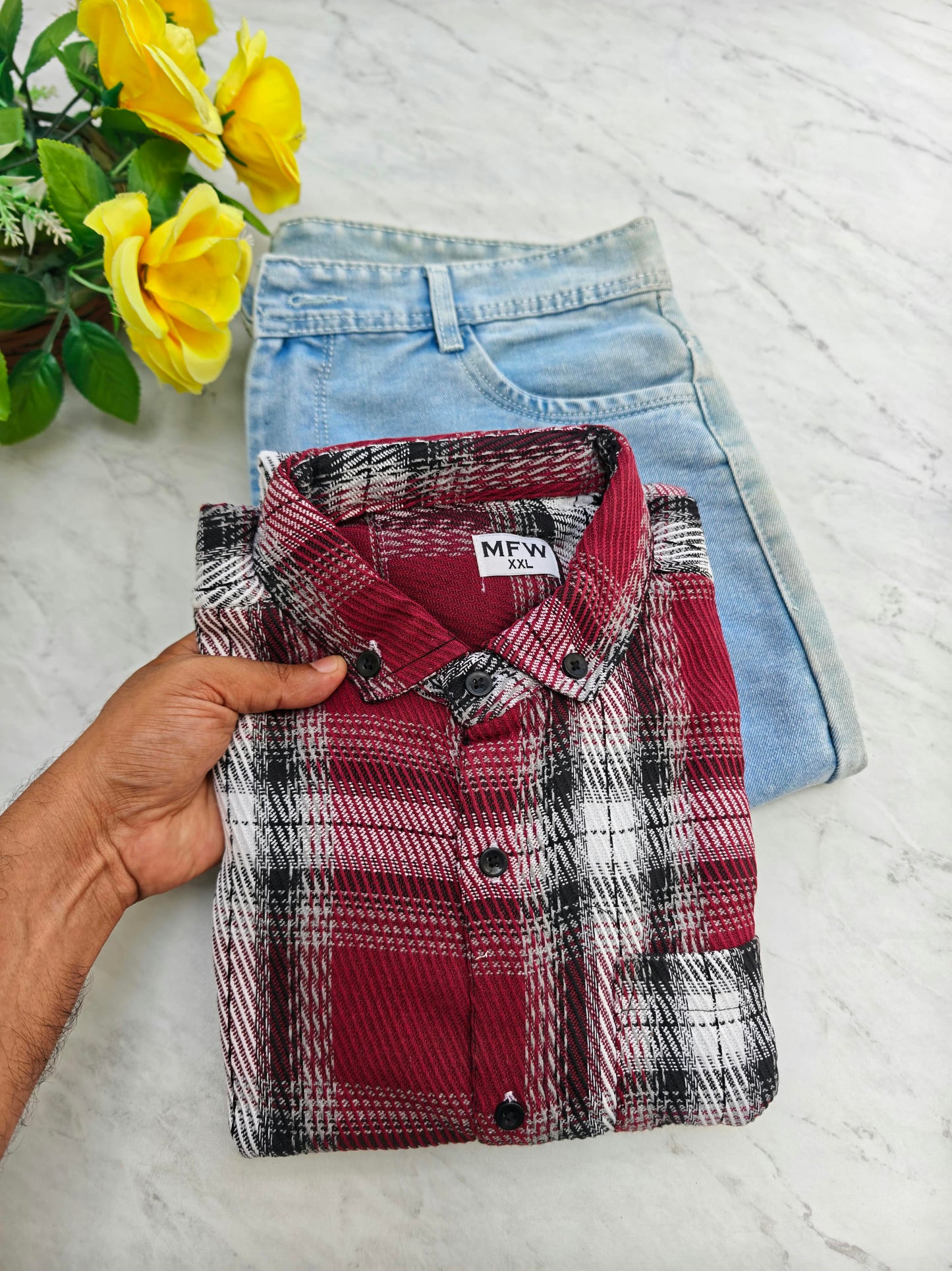 2 in 1 Combo | MFW Korean Weaving Shirt + Plain Mom Fit Jeans @ ₹600 | Buy Online