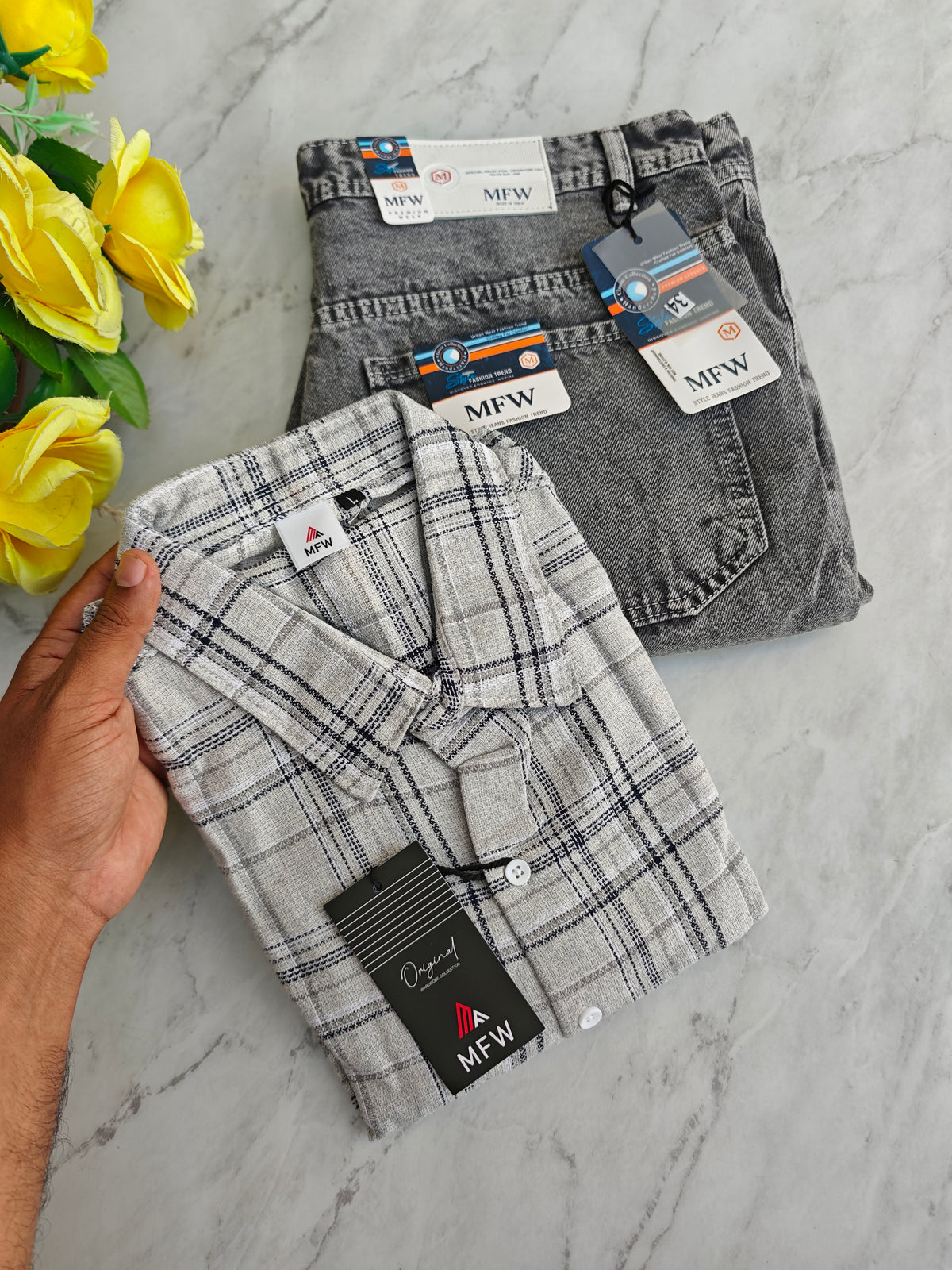 2 in 1 combo MFW checked shirts + mom fit jeans pant buy @600 rs only