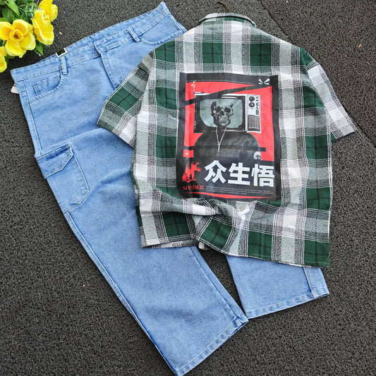 2 in 1 combo MFW double pocket Cuban collar back print shirts + 6 mom fit jeans buy @550 rs only