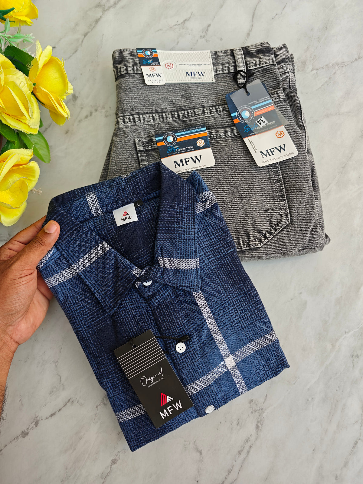 2 in 1 combo MFW checked shirts + mom fit jeans pant buy @600 rs only