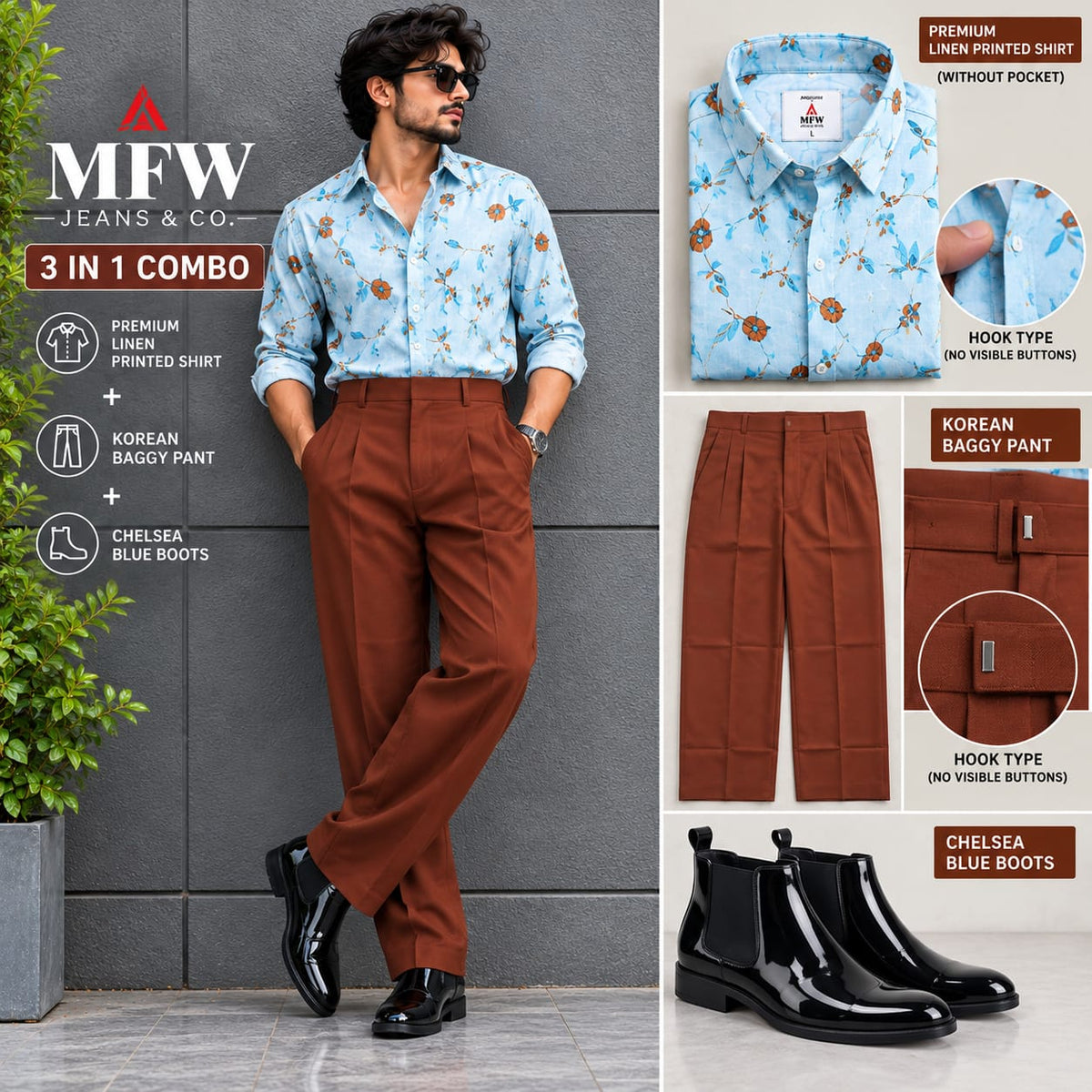 3 in 1 combo MFW Lenin printed shirts + korean baggy pants + boots buy @999 only