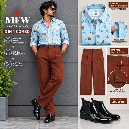 3 in 1 combo MFW Lenin printed shirts + korean baggy pants + boots buy @999 only