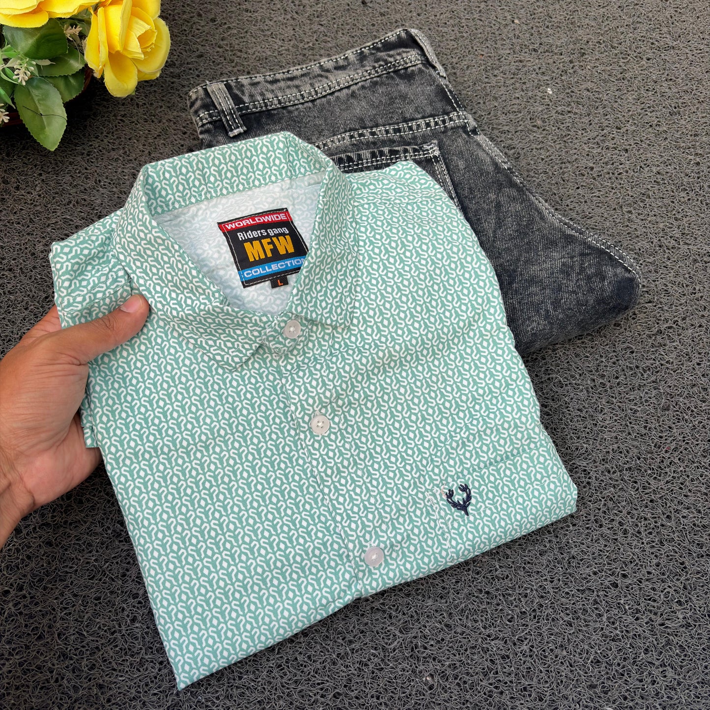 MFW Printed Shirts & Mom Fit Jeans random colours Combo – ₹449 Only("Pick your shirt color, pant’s a surprise!")
