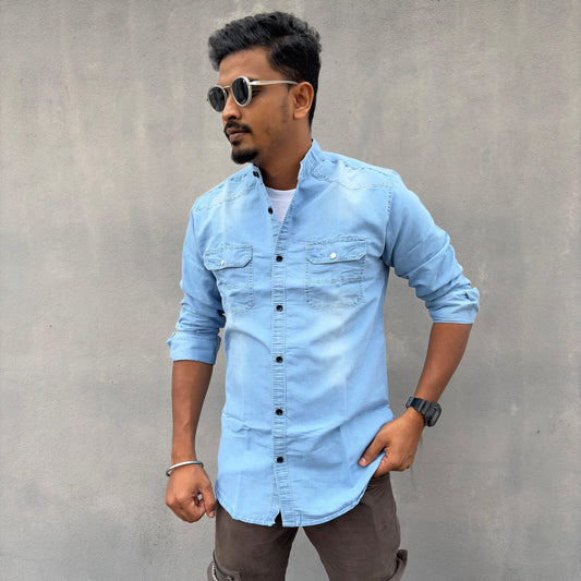 Men's Double pocket Mandarin Denim Shirts single pcs @350 and Buy 3 pc combo @999